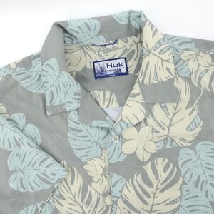 Huk Monstera Leaf Print Short Sleeve Button Down Shirt Grey Mens Size Large